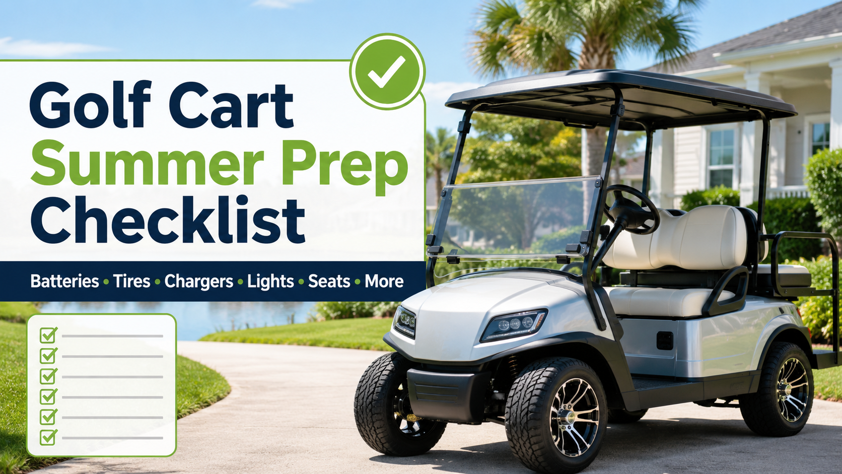 A clean, upgraded golf cart parked in a sunny driveway or neighborhood setting with a checklist overlay.